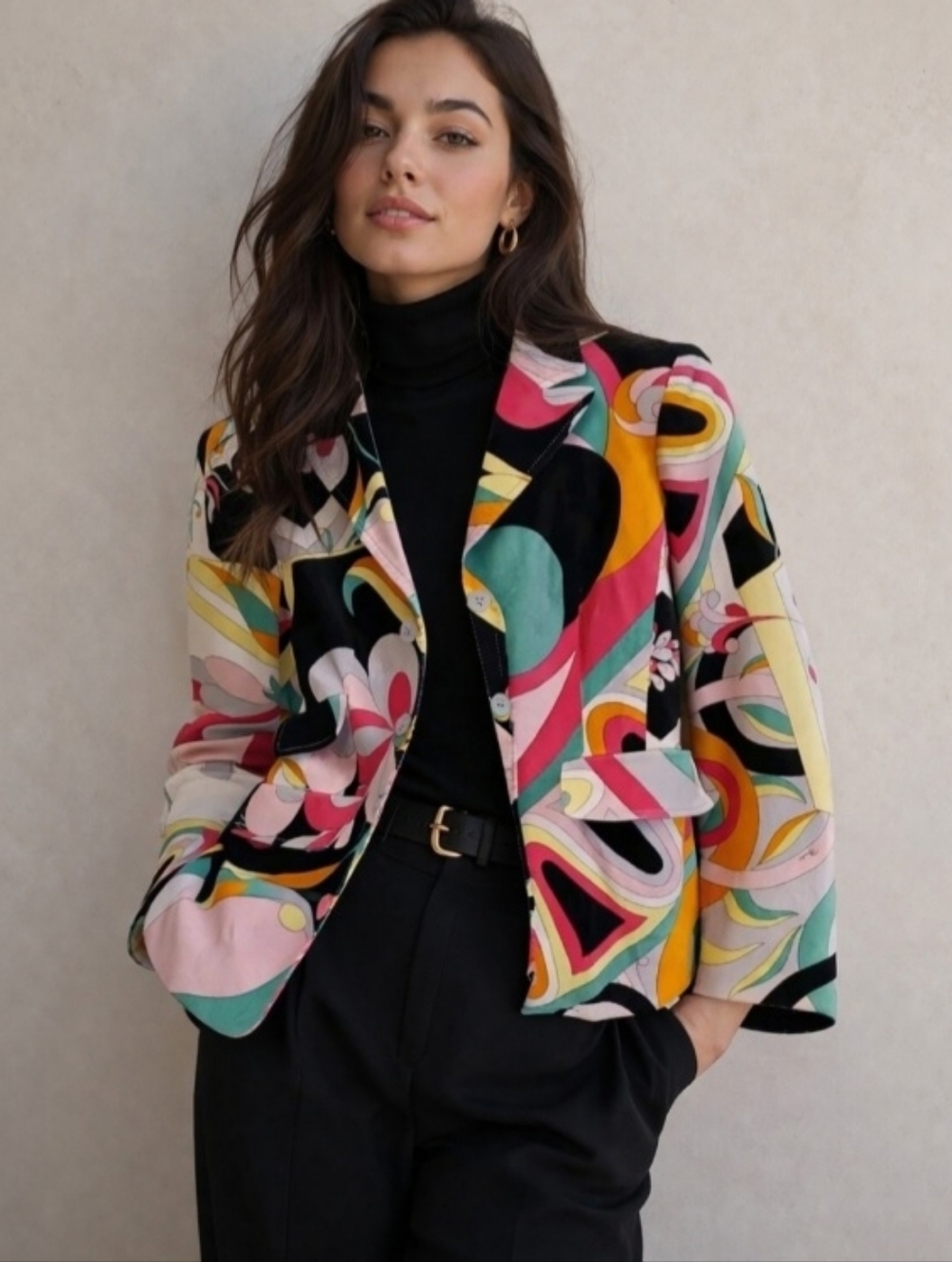 Emilio Pucci Print Velvet Blazer Jacket Size 8 Colorful Designer